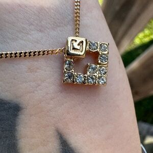 Givenchy Paris New York Rhinestone Square Pendant Necklace Gold Designer COA